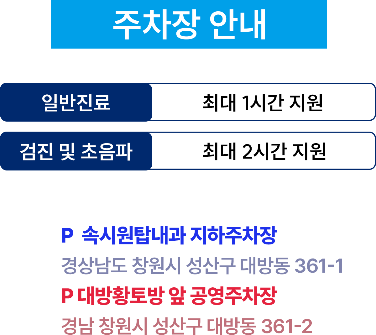 <주차장안내> 일반진료 최대 1시간, 검진 및 초음파 최대 2시간 지원. 속시원탑내과 지하주차장(경남 창원시 성산구 대방동 361-1), 대방황토방 앞 공영주차장(경남 창원시 성산구 대방동 361-2)
